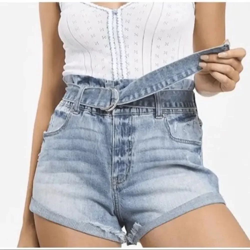 Eunina Kara high waist paper bag rolled denim S shortie shorts